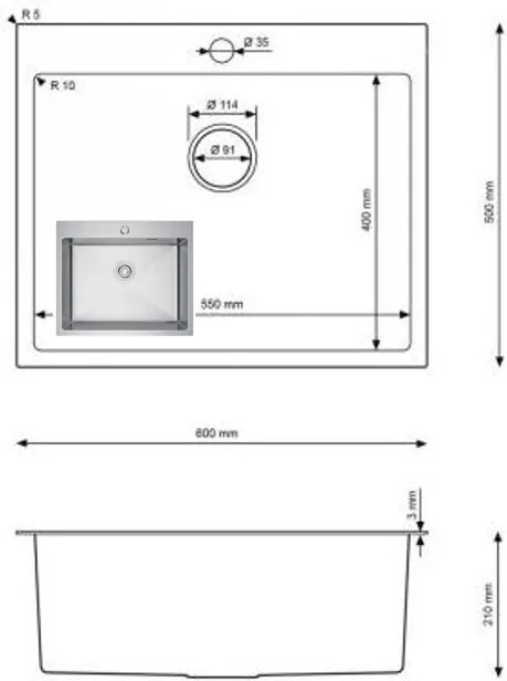 Erga HD, 1-komorový oceľový drez 600x500x210 mm, oceľová, ERG-MLS-HD6050X
