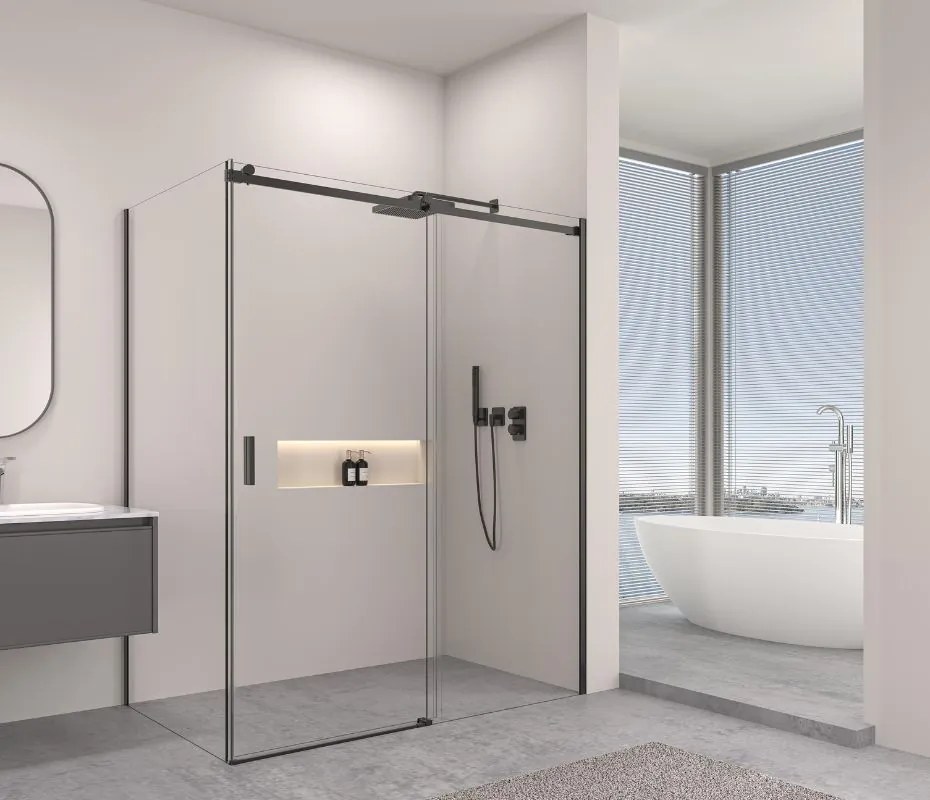 Erga Lynn, sprchový kút s posuvnými dverami 90(dvere) x 80(stena) x 195 cm, 8mm číre sklo, čierny profil, ERG-V02-LYNN-D090G080-CL-BK