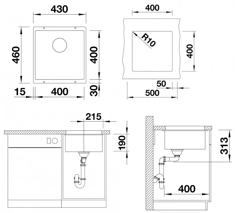 Blanco Subline 400-U, silgranitový drez pod pracovnú dosku 400x400x190 mm, 1-komorový, čierna, BLA-525990