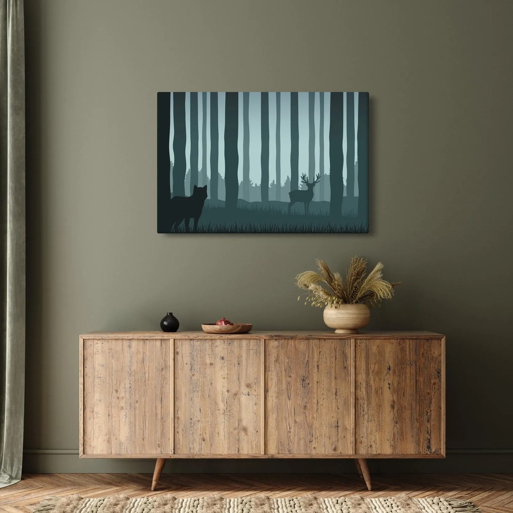 Obraz - Jeleň s vlkom v skalách (90x60 cm)