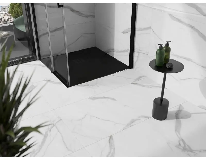 Mexen Stone+, štvorcová vanička z minerálneho kompozitu 100 x 100 cm, čierna, čierna krytka, 44701010-B