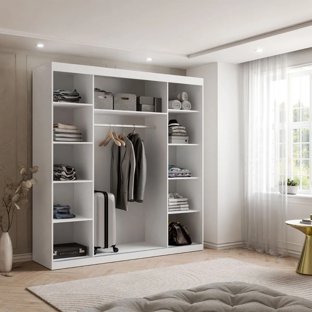 ŠATNÍKOVÁ SKRIŇA S POSUVNÝMI DVERAMI CYNTIA BIELA + ZLATÉ LIŠTY 200 cm