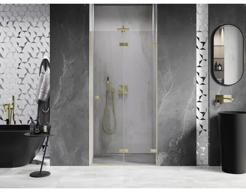Mexen, Mexen Lunar-F pravé sklápacie sprchové dvere 90 cm, transparentné, brúsené zlaté - 836-090-000-55-00-P