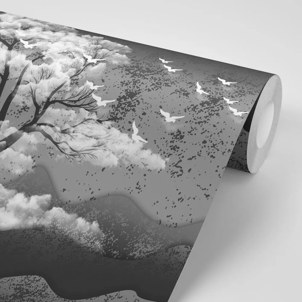 Samolepiaca tapeta čiernobiely strom zaliaty oblakmi - 150x100