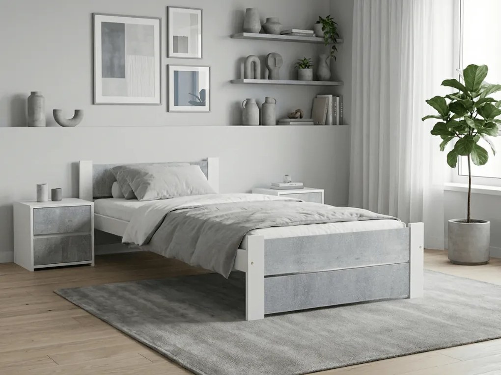 Posteľ IKAROS DOUBLE 90 x 200 cm, betón/biela Rošt: S latkovým roštom, Matrac: Matrac DELUXE 10 cm