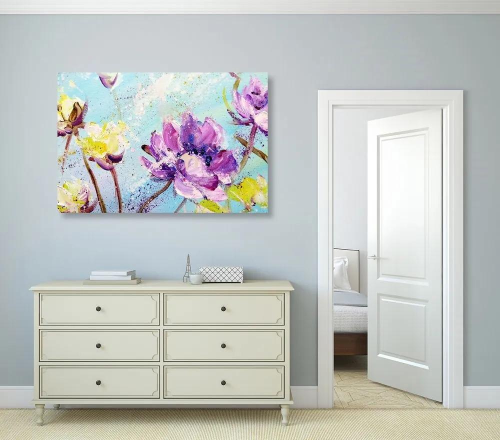 Obraz maľované fialové a žlté kvety - 90x60