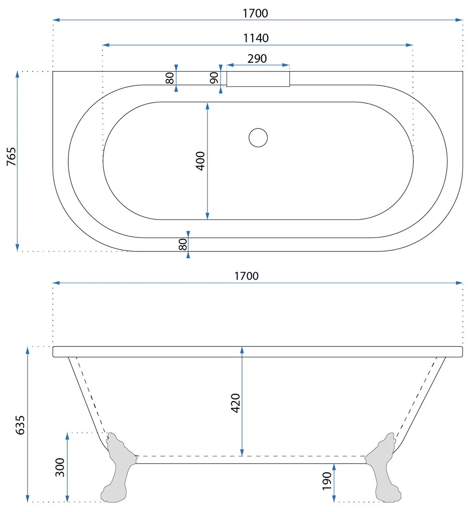 Rea Korfu, voľne stojaca vaňa 170x76 cm, biela lesklá-chróm, KPL-W5690