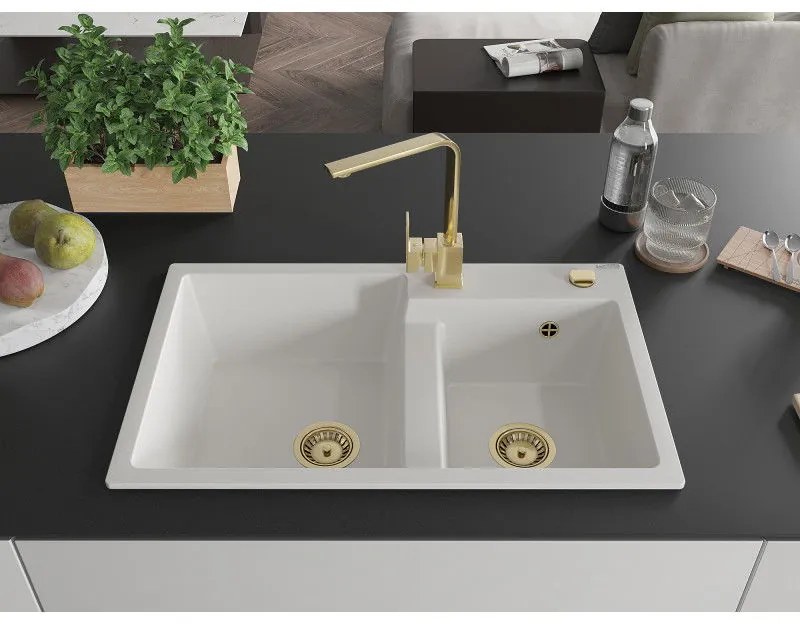 Mexen Tomas, granitový drez 800x500x190 mm, 2-komorový a zlatá batéria Rita, biela, 6516-20-670300-50