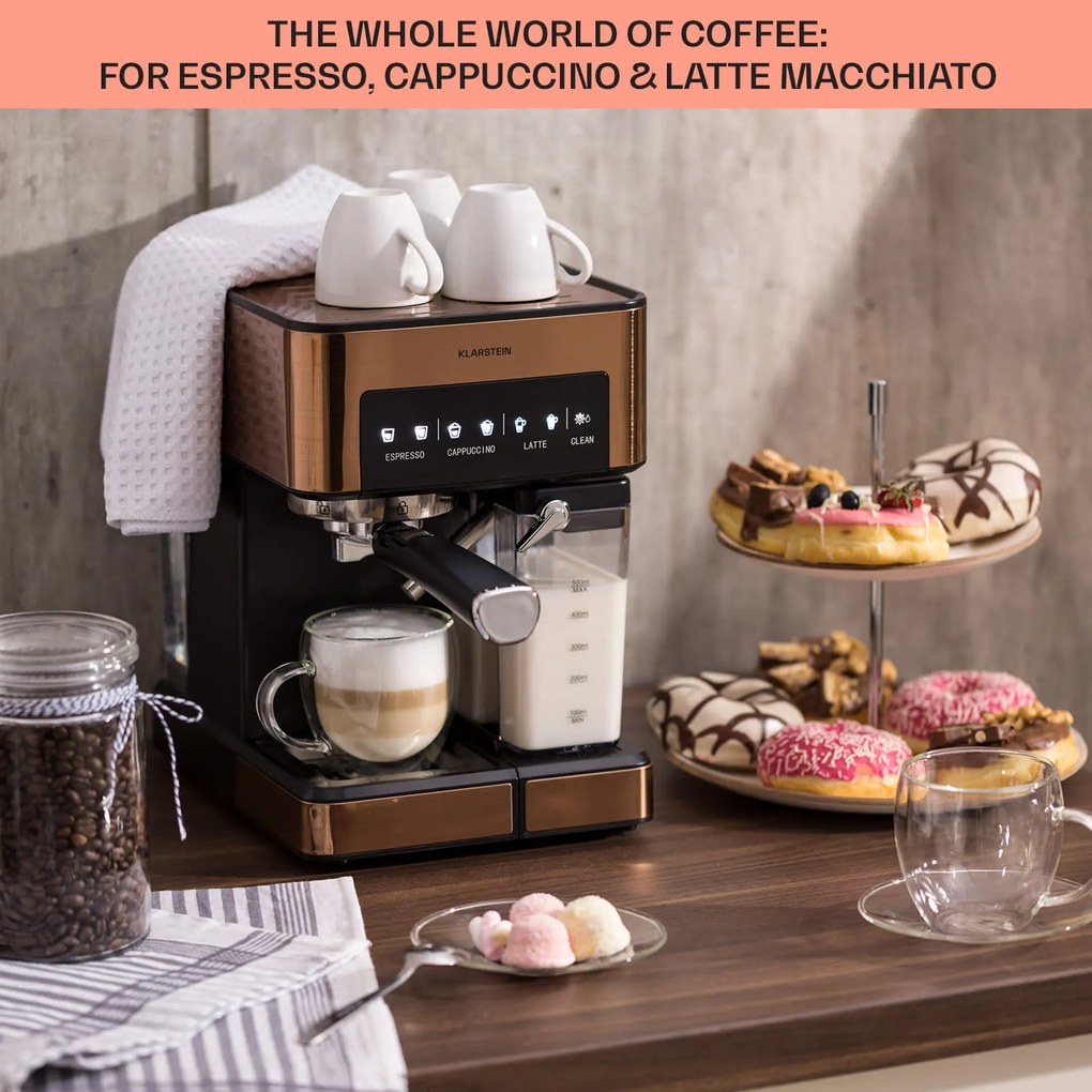 Klarstein Arabica Comfort  kávovar s portafiltrom, 1350 W, 20 bar, 1,8 l, dotykový ovládací panel