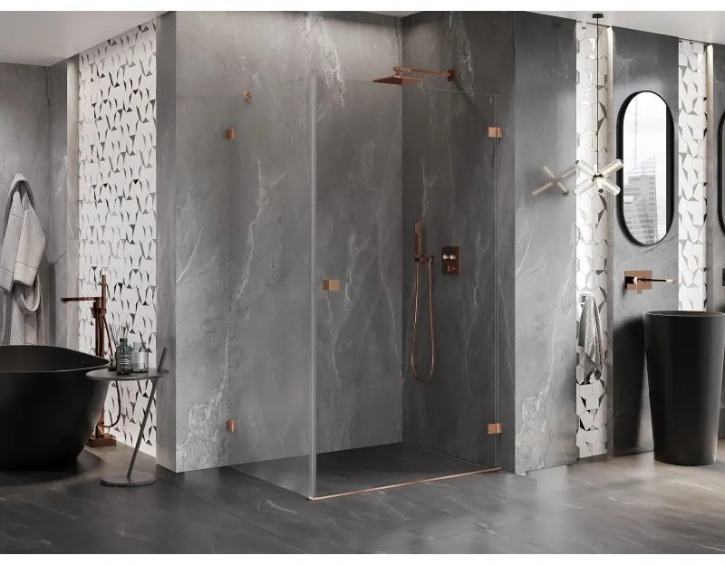 Mexen Lunar-B, pravostranný výklopný sprchový kút 80 x 70 cm, 8mm číre sklo, profil medená matná, 832-080-070-65-00-P