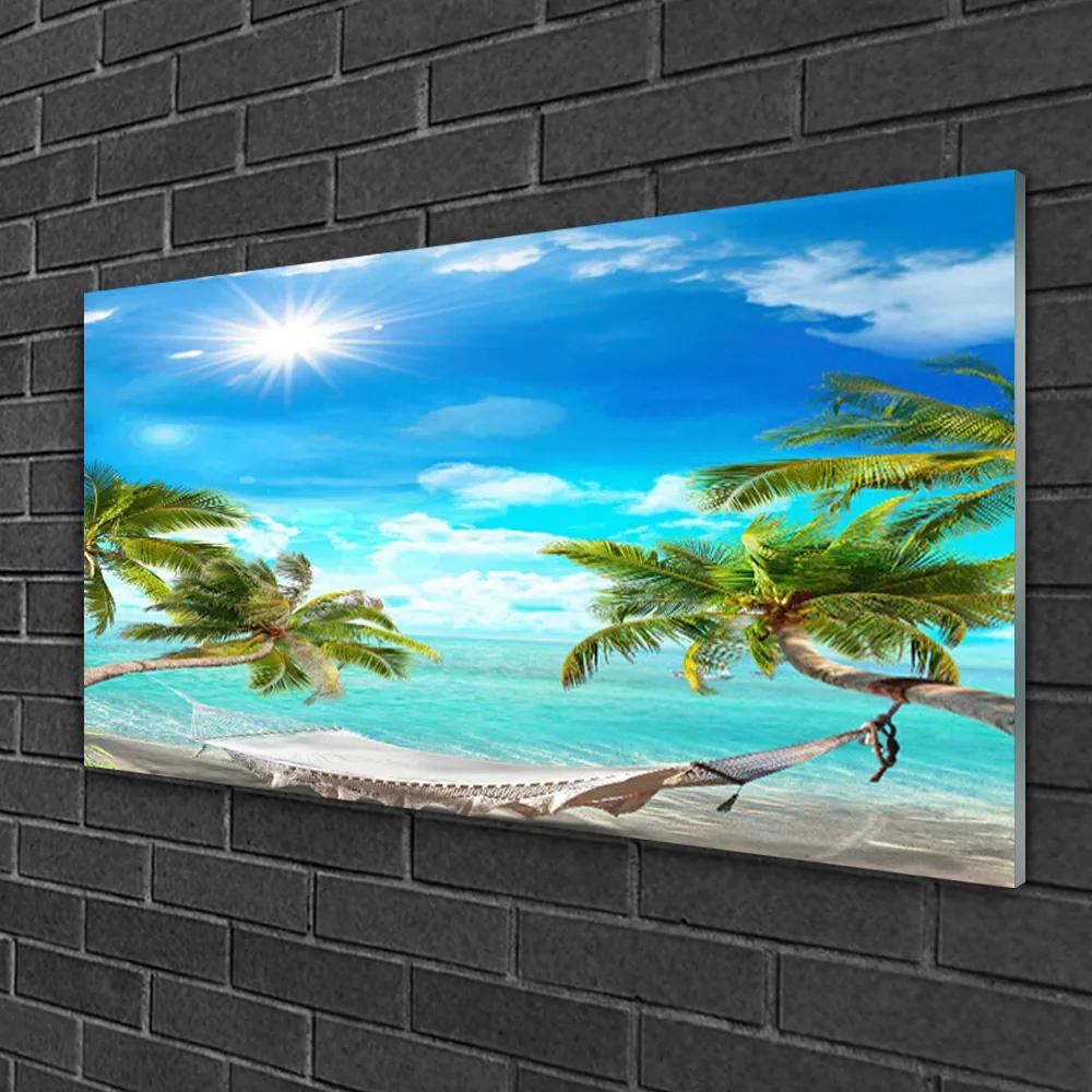 Skleneny obraz Tropické palmy hamaka pláž 140x70 cm