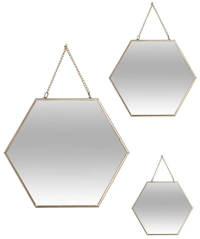 Závesné zrkadlo Hexagon, zlaté, sada 3ks