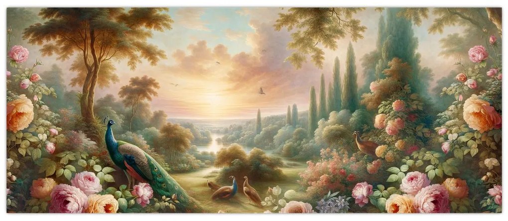 Obraz - Pávy v záhrade (120x50 cm)