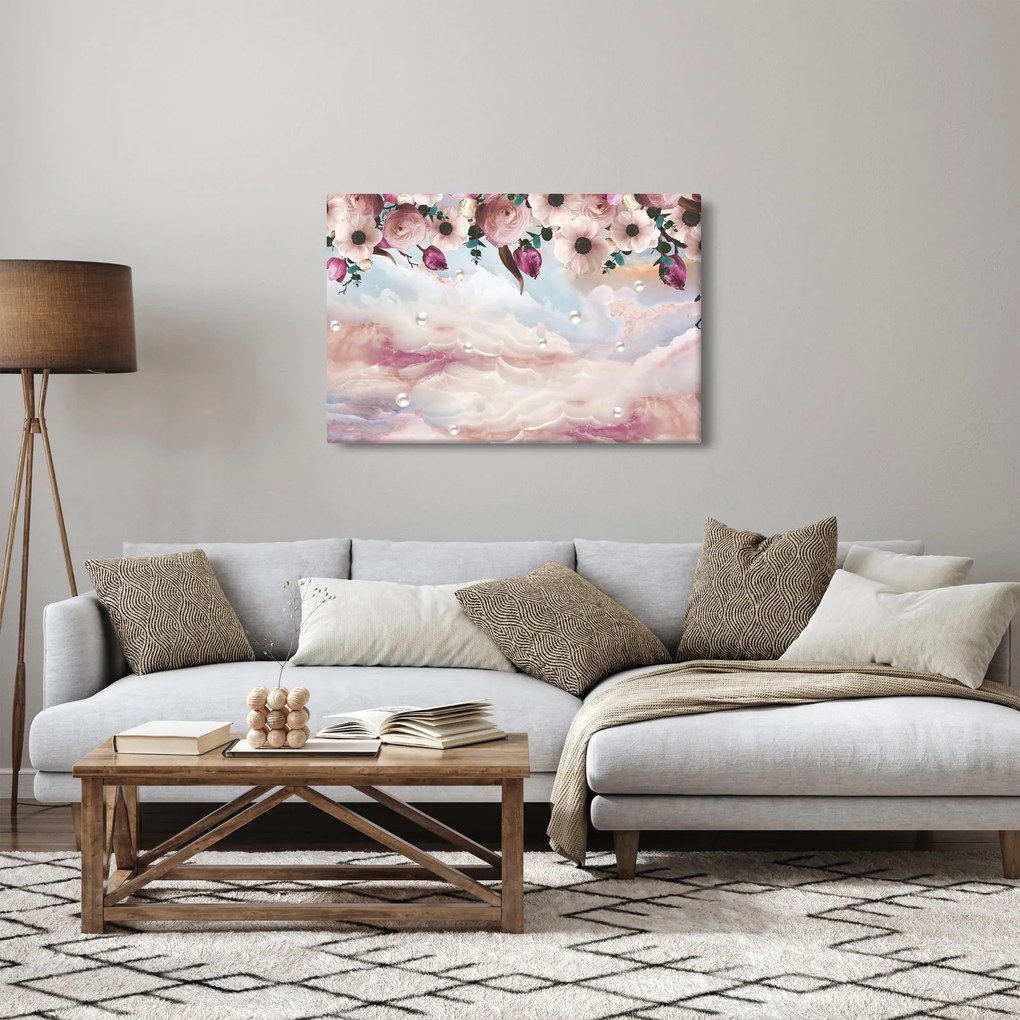 Obraz ružových kvetov s ružovým mramorom (90x60 cm)