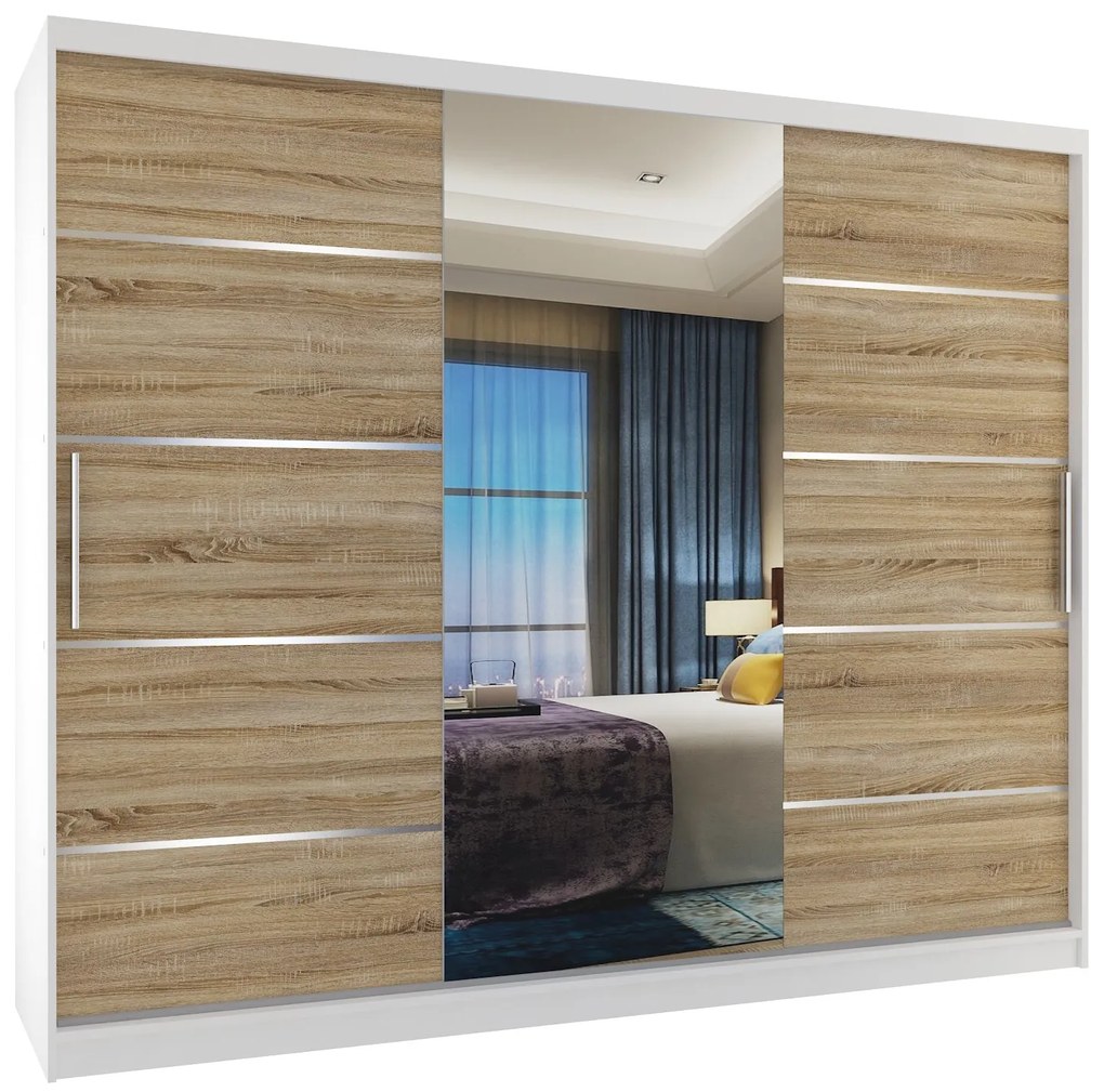 Šatníková skriňa 232 cm Belini biely mat / dub sonoma s posuvnými dverami zrkadlom a zásuvkami  MBP SZP8/0/1W/2DS1L/0/KLAL