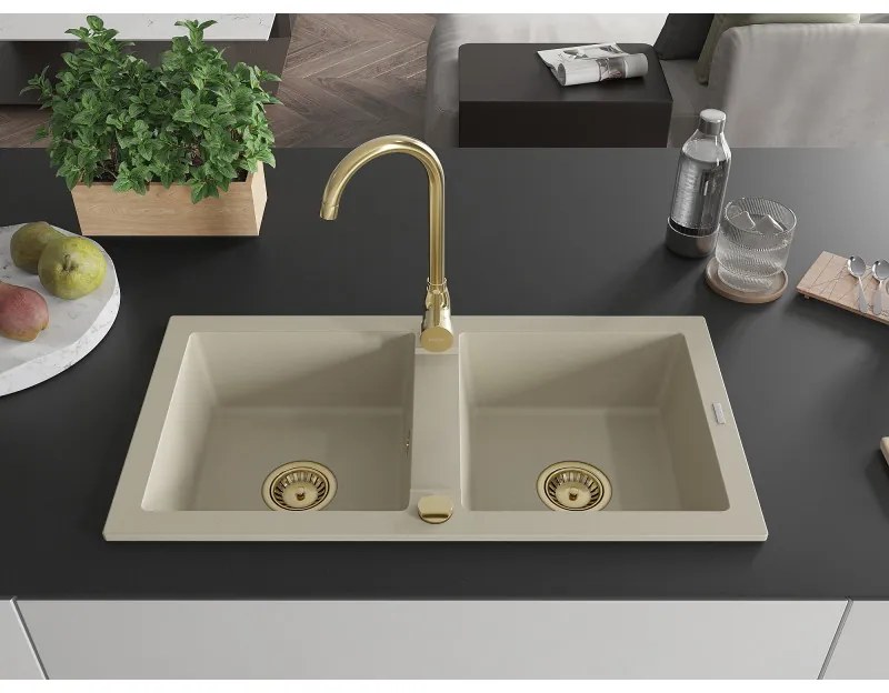 Mexen Mario, 2-komorový granitový drez 820x436x161 mm a zlatá lesklá drezová batéria Telma, béžová, 6504-69-670200-50