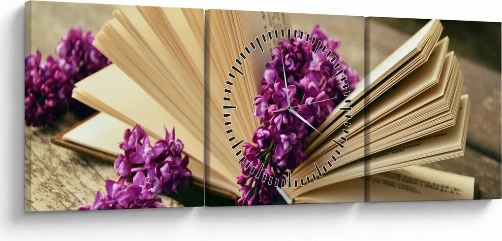 Obraz knihy s levanduľou (s hodinami) (90x30 cm)