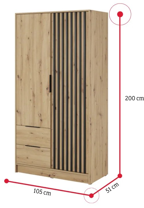Šatníková skriňa so zrkadlom BELANDA 2D, 105x200x51, dub artisan/čierna