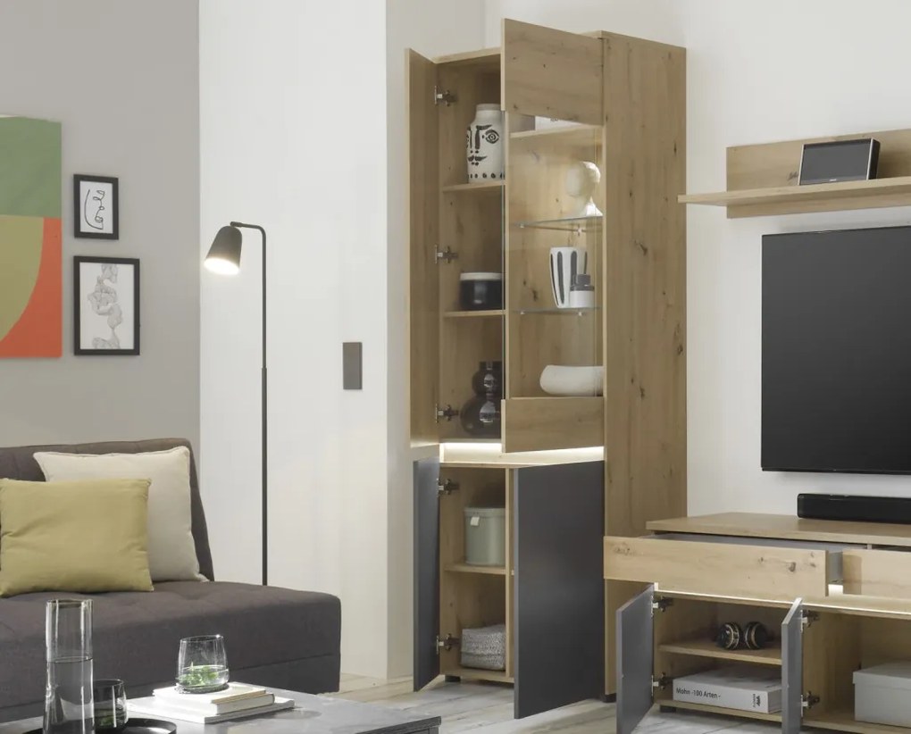 Vysoká vitrína Lille, dub artisan/antracit, s osvetlením