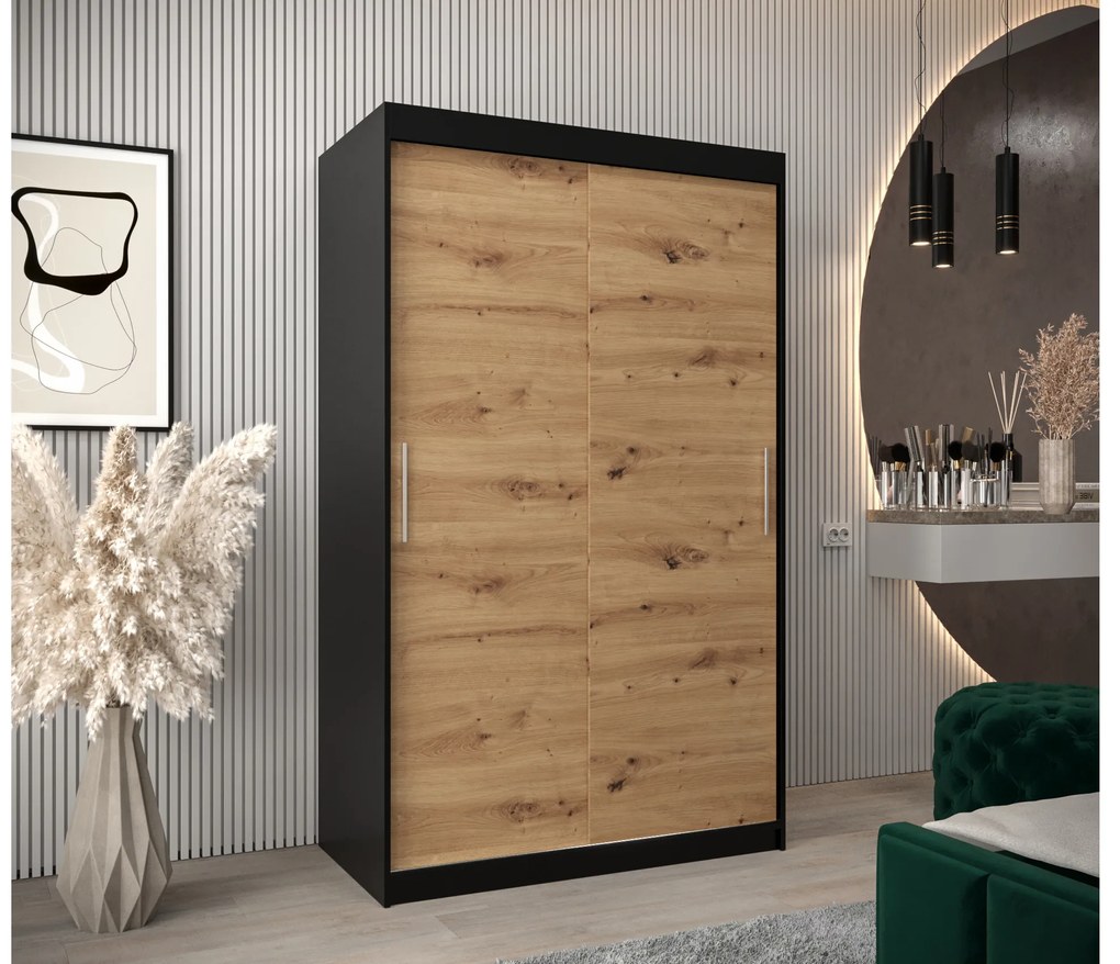 Šatníková skriňa 120 cm Toki (Čierna matná + Dub artisan). Akcia -42%. Vlastná spoľahlivá doprava až k Vám domov. 1064809