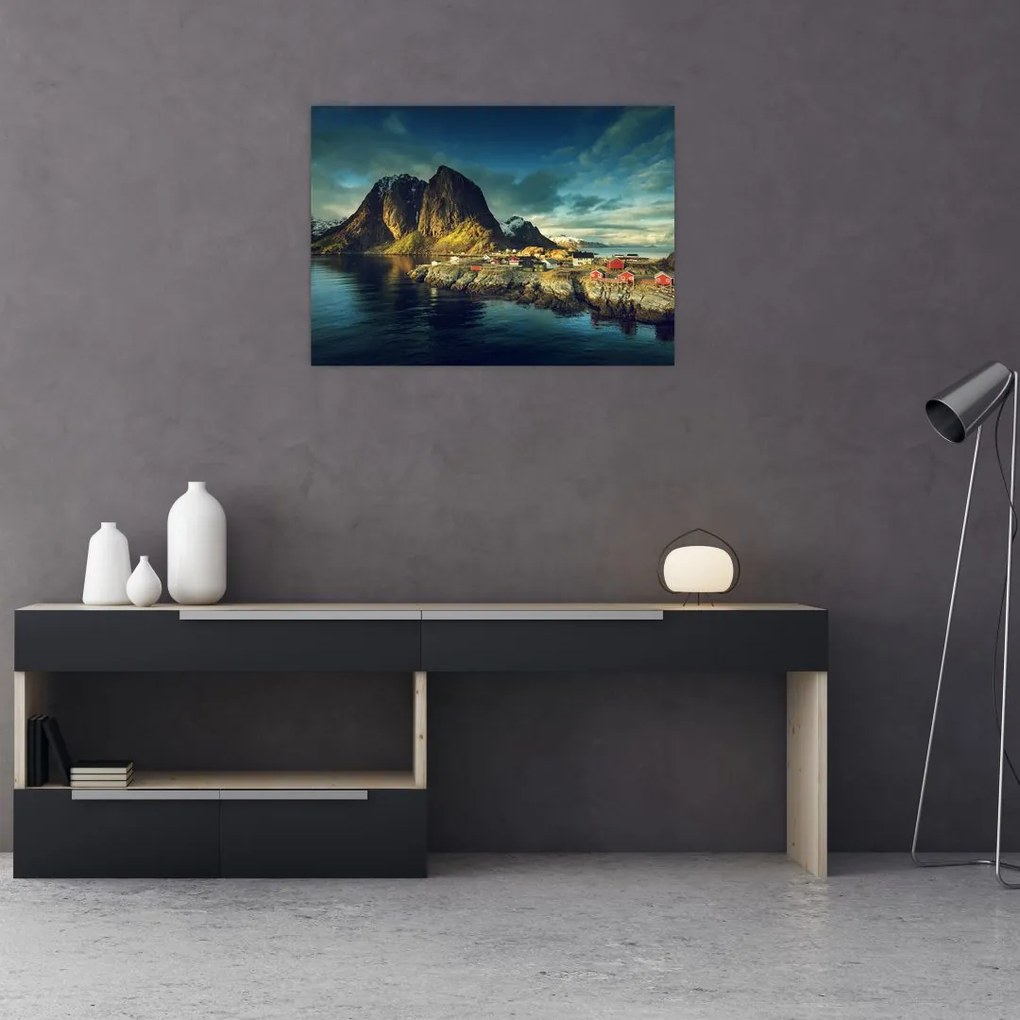 Sklenený obraz rybárskej dediny v Nórsku (70x50 cm)