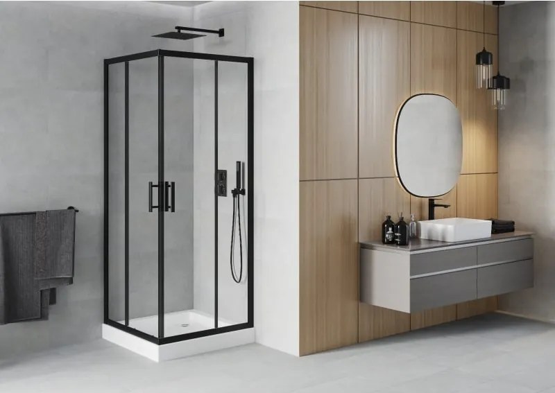 Mexen Rio, štvorcový sprchový kút 70 x 70 cm, 6mm číre sklo, čierny profil + biela sprchová vanička RIO, 860-070-070-70-00-4510