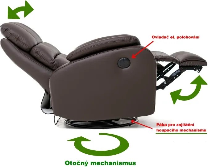 Kožené hojdacie kreslo s elektrickým polohovaním ELEGANT 1, tm. hnedá