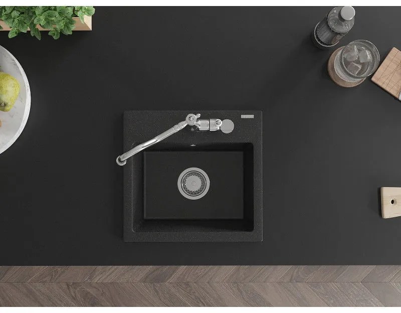 Mexen Milo, granitový drez 435x410x171 mm, 1-komorový a drezová batéria Carla, čierna-strieborná metalíza, 6505-73-670700-00