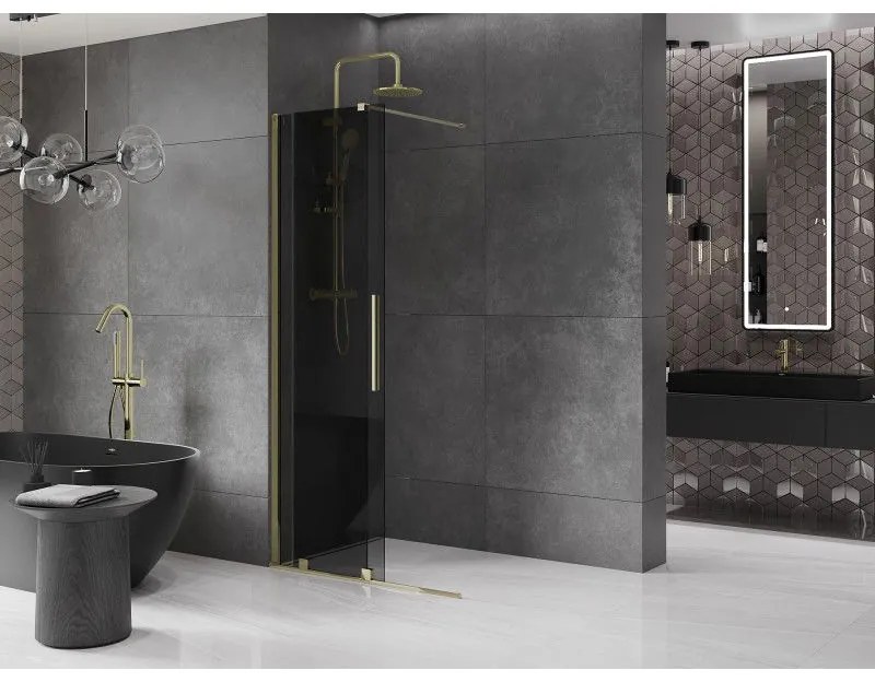 Mexen Velar, sprchová zástena s posuvnými dverami Walk-in 85 x 200 cm, 8mm šedé sklo, zlatá lesklá, 871-085-000-43-50