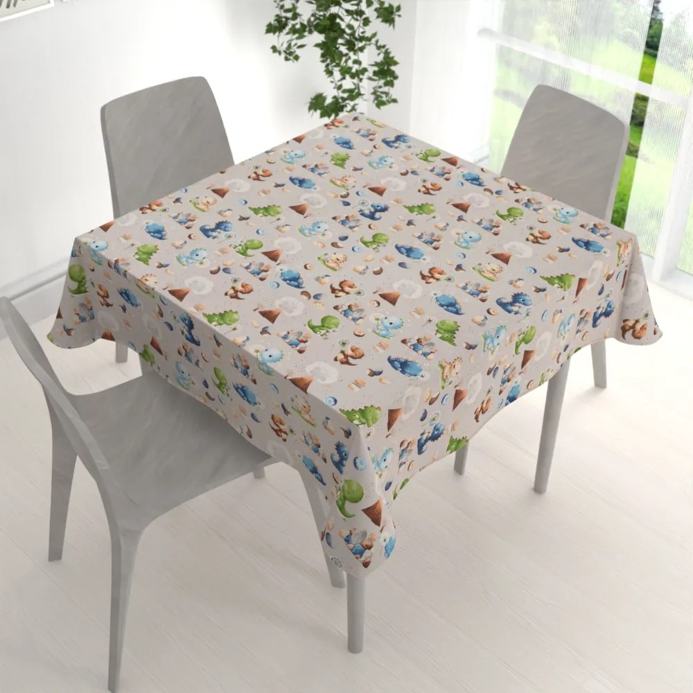 Biante Detský bavlnený štvorcový obrus Sandra SA-656 Modro-zeleno-hnedé dinosaury na svetlo sivom 80x80 cm