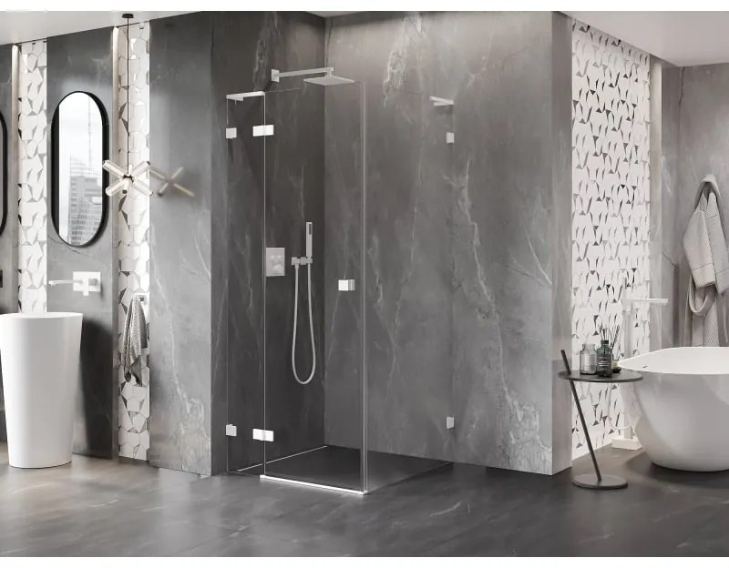 Mexen Lunar, L sklápací sprchový kút ľavý 100 x 100 cm, 8mm číre sklo, biely profil, 834L-100-100-20-00-L