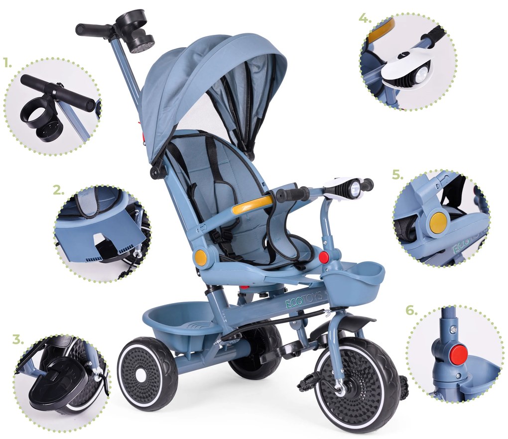 ECOTOYS Trojkolka/ kočík, 2v1, s otočným sedadlom a sklopnou strieškou, modrá