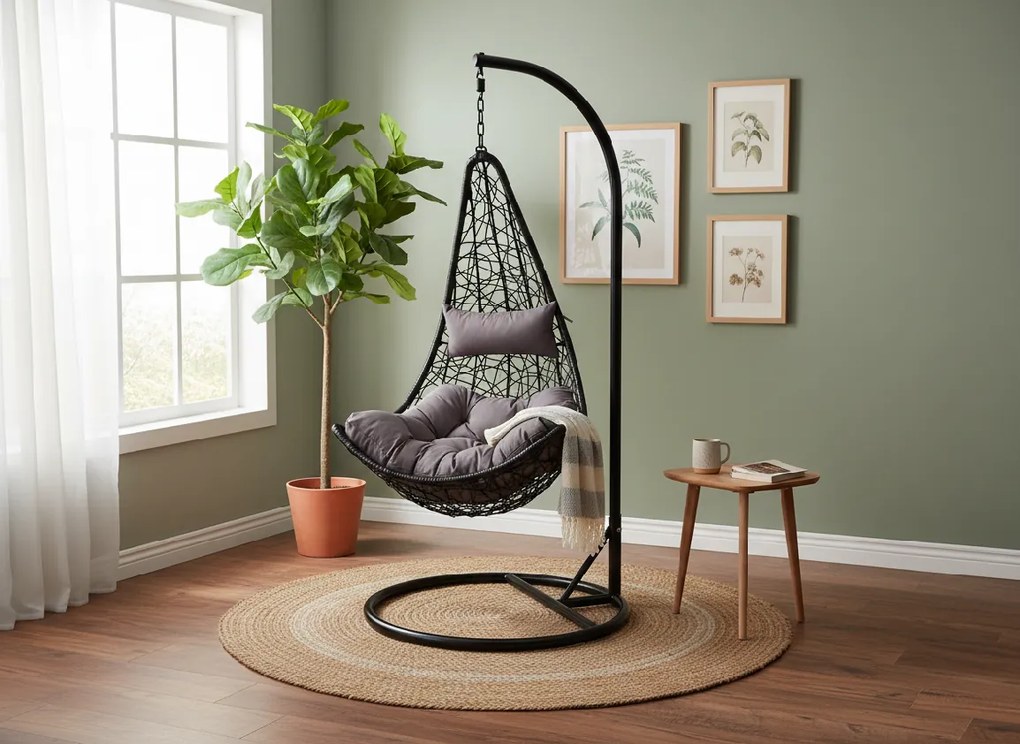 Garden Line ČIERNA ZÁVESNÁ STOLIČKA, VANKÚŠ – ŠEDÝ, RÁM – ČIERNY, POLOVICA /1151/