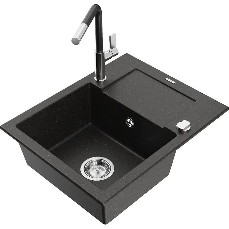 Mexen Enzo, 1-komorový granitový drez 576x465x174 mm a drezová batéria Flora, čierna-zlatá metalíza, 6506-75-670401-07