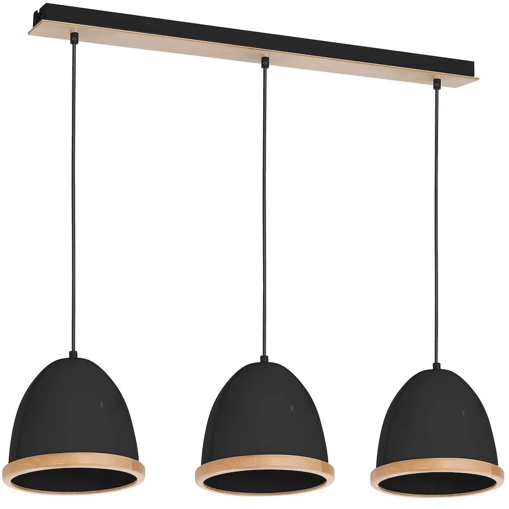 Závesné svietidlo Studio, 3x drevené/čierne kovové tienidlo, (fi 21cm), b/br