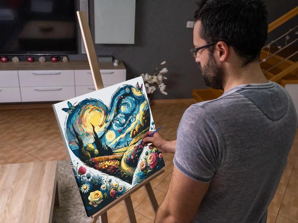 Gario Maľovanie podľa čísel Vincent Van Gogh Hviezdna noc v srdci Rozmery: 50 x 50 cm, Rámovanie: Iba zrolované plátno