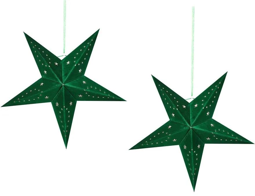Sada 2 závesných zamatových hviezd s LED 45 cm zelená MOTTI Beliani