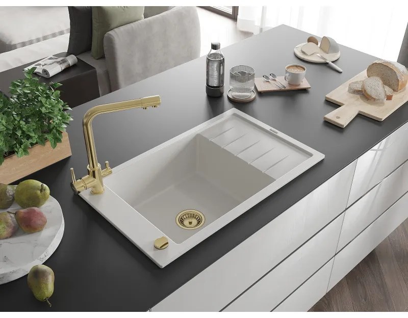 Mexen Elias, 1-komorový granitový drez s odkvapkávačom 795x480x200 mm a zlatá batéria Duero, biela, 6511-20-671600-50