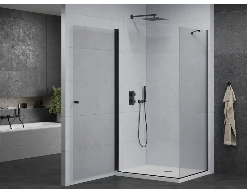 Mexen Pretoria, sprchovací kút 90(dvere) x 80(stena) x 190 cm, 6mm číre sklo, čierny profil + slim sprchová vanička 5cm, biela, 852-090-080-70-00-4010B