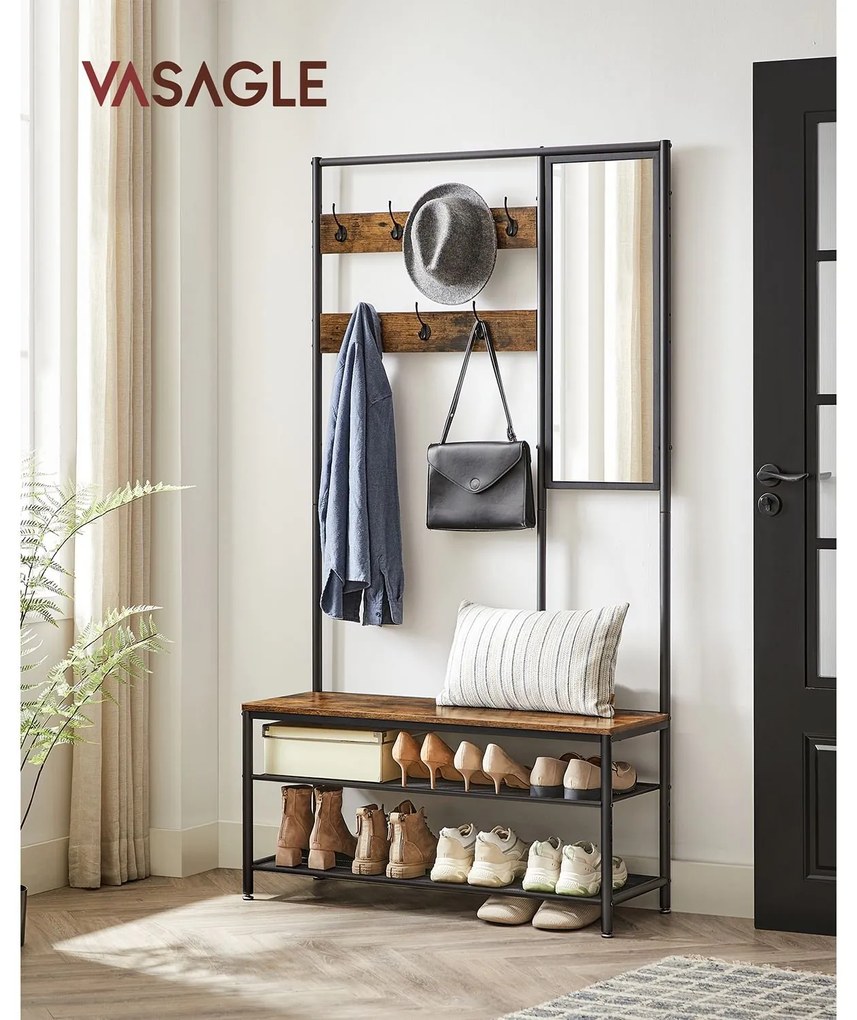 VASAGLE HSR415B01 – multifunkčný vešiak na kabáty so zrkadlom a lavicou