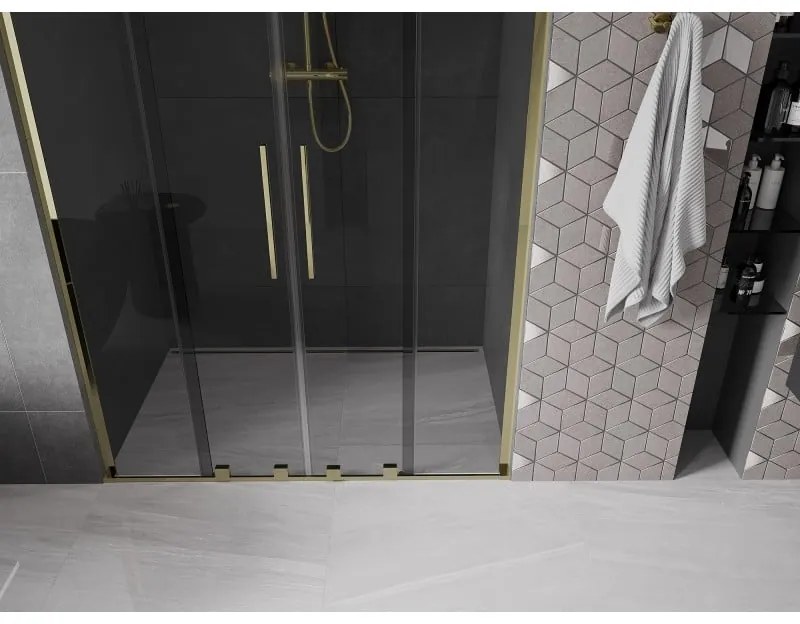 Mexen Velar L Duo, posuvné sprchové dvere do otvoru 150 cm, 8mm šedé sklo, zlatá lesklá, 871-150-003-42-50