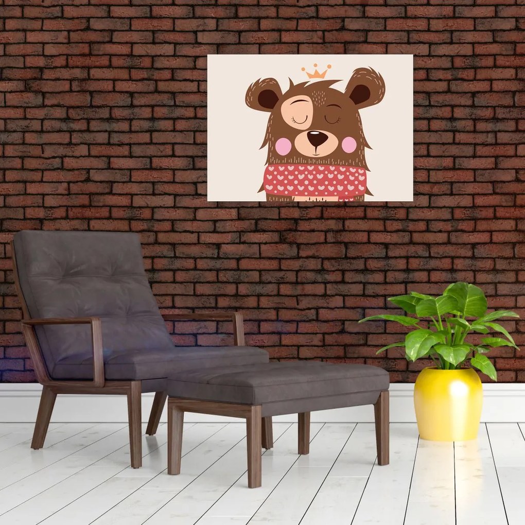 Sklenený obraz - Medvedík s červeným šálom (70x50 cm)