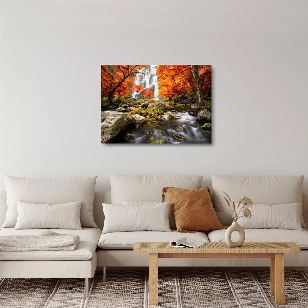 Sklenený obraz - Vodopády v oranžovom lese (70x50 cm)