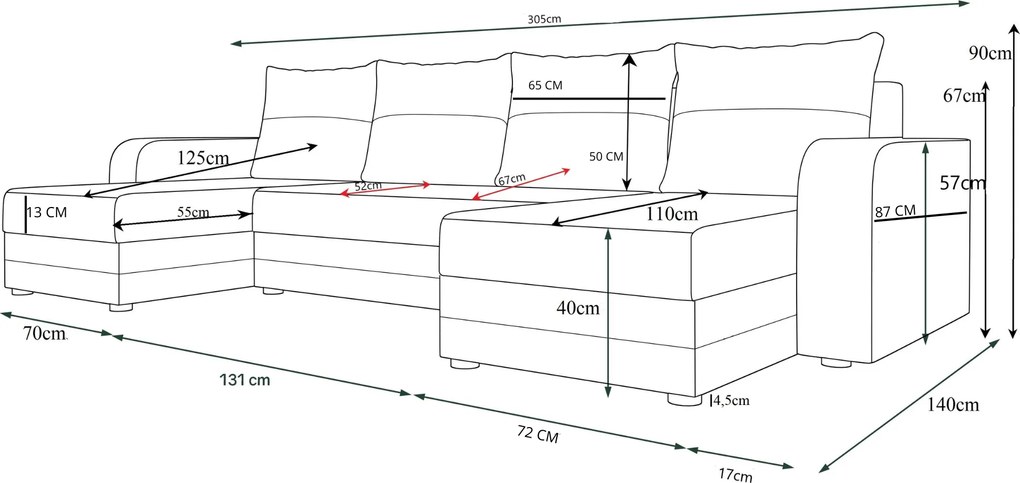 Rozkladacia sedacia súprava do U VALERIO 305x140 cm, tmavozelená
