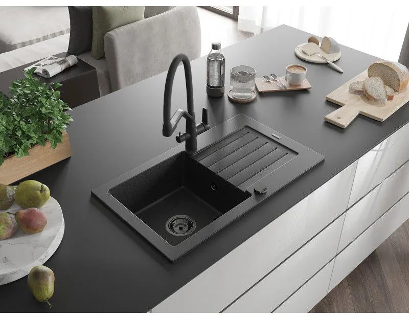 Mexen Pablo, granitový drez 752x436x161 mm, 1-komorový a drezová batéria Duo, čierna-strieborná metalíza, 6510-73-671701-70-B