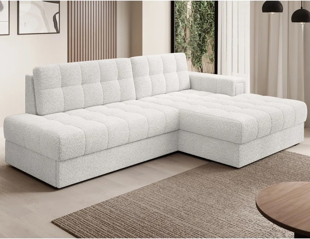 Krémovobiela rozkladacia rohová pohovka z textílie buklé (pravý roh/s leňoškou) Blezalt – ELTAP