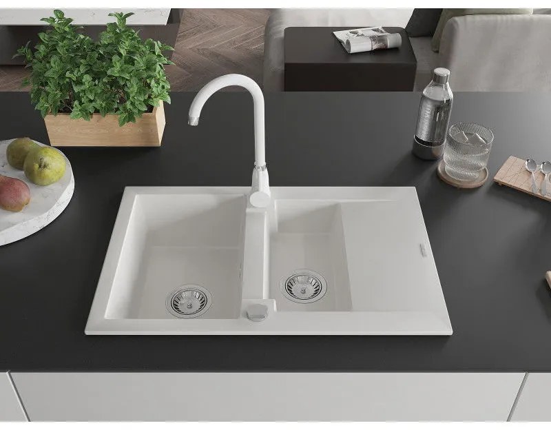 Mexen Gaspar, 1,5-komorový granitový drez s odkvapkávačom 74x48 cm a kuchynskou batériou Telma, biela, 6507-20-670200-20