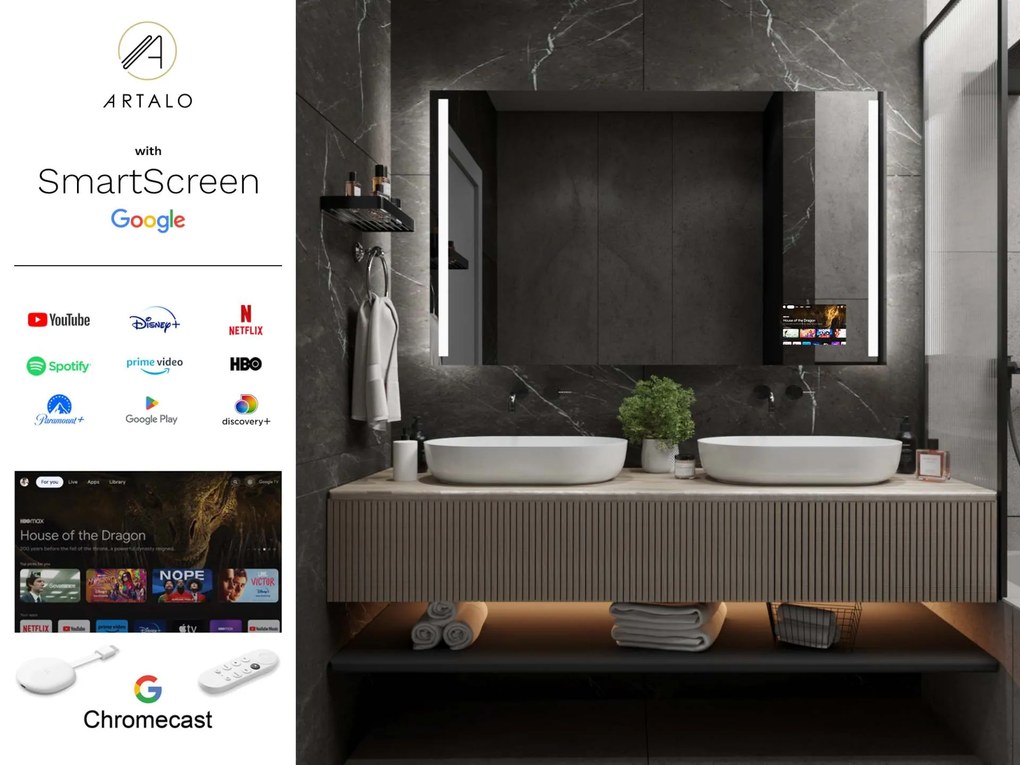 SMART Zrkadlo do kúpeľne s LED osvetlením M4 + SmartScreen with Google Chromecast