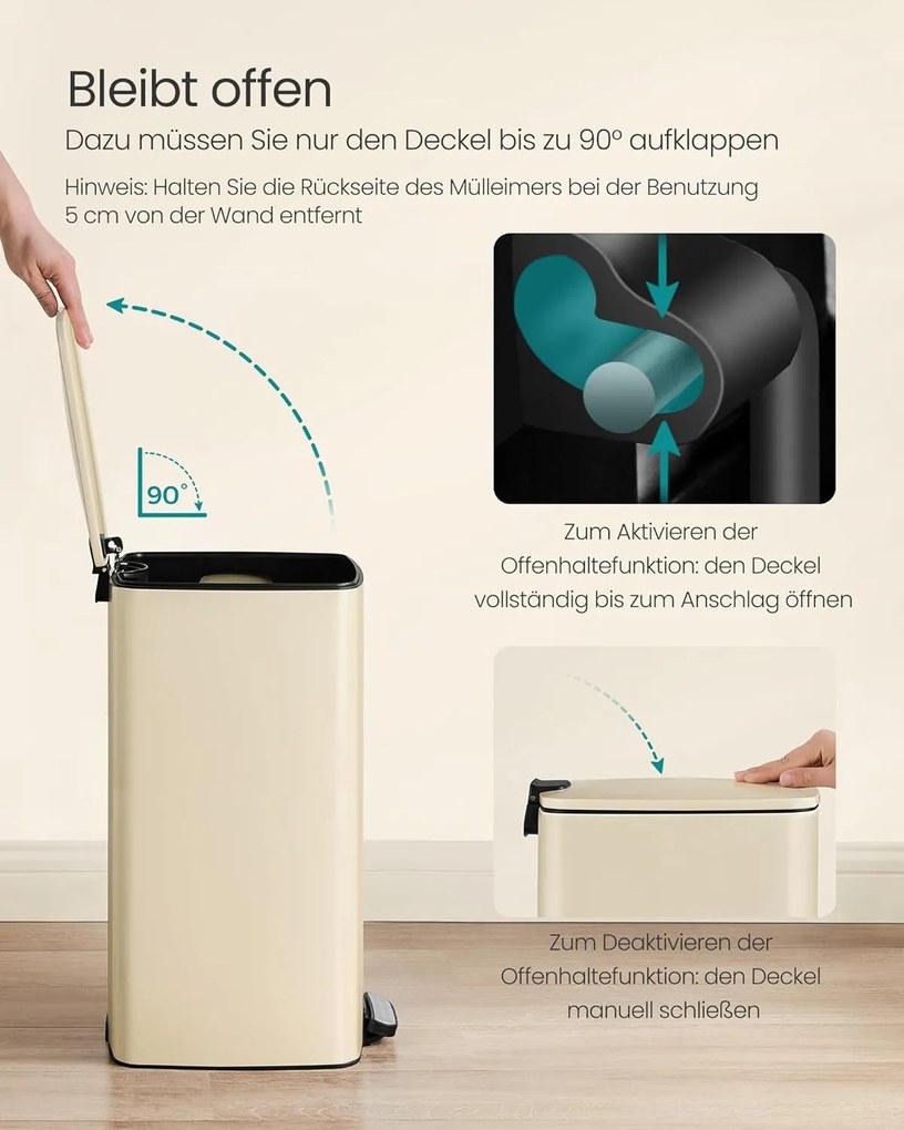 Kuchynský odpadkový kôš, 30 litrový, pedálový, oceľový, 28,5 x 28,3 x 49,5 cm, pieskový béžový