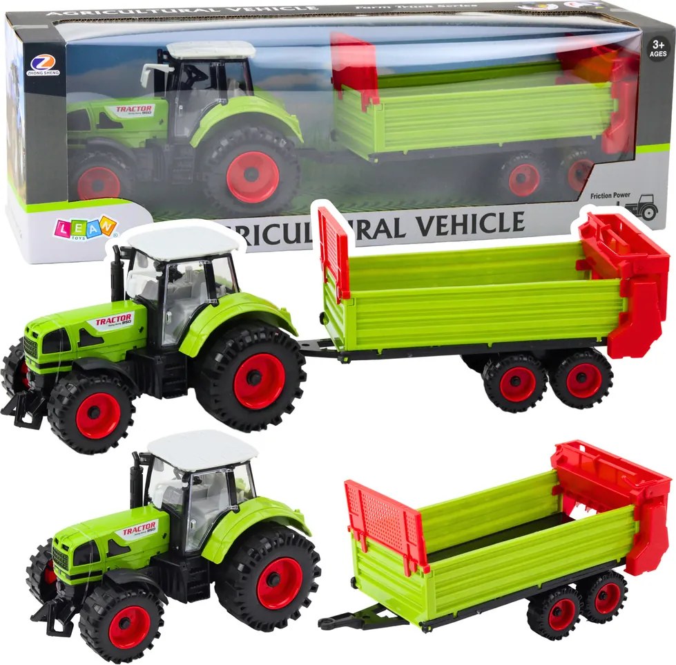 LEAN Toys Traktor s prívesom – zotrvačníkový pohon, otvárateľná kapota a dvere, zelený